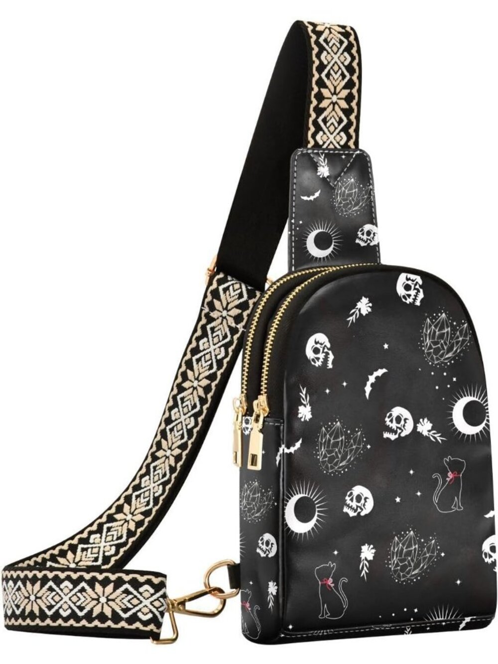 Women's Skull Cat Leather Chest Fanny Pack Trip Small Shoulder Crossbody Bag
